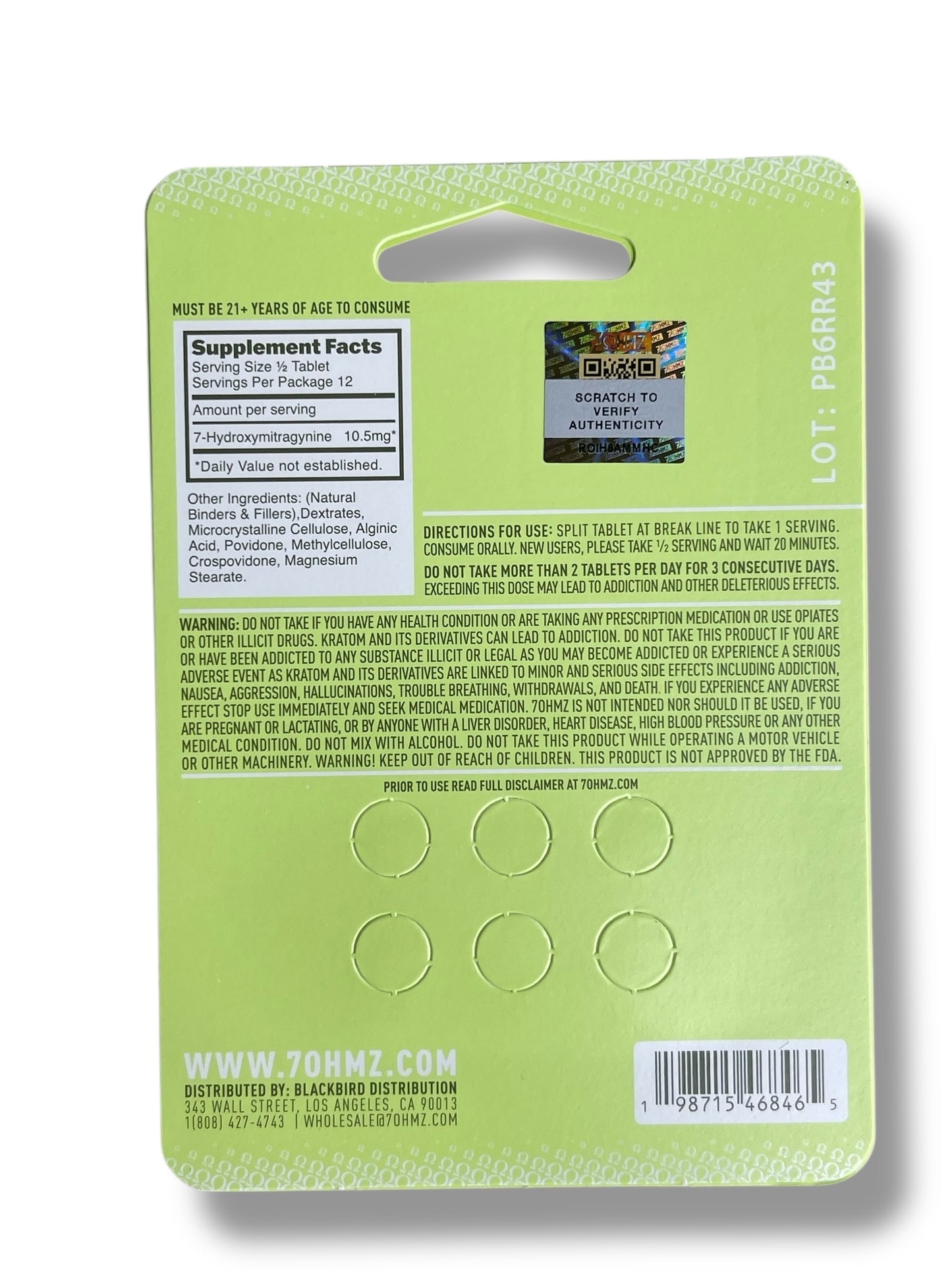 7 OHMZ Kratom 6 Tablets - 21mg per tablet Advanced Kratom Alkaloids